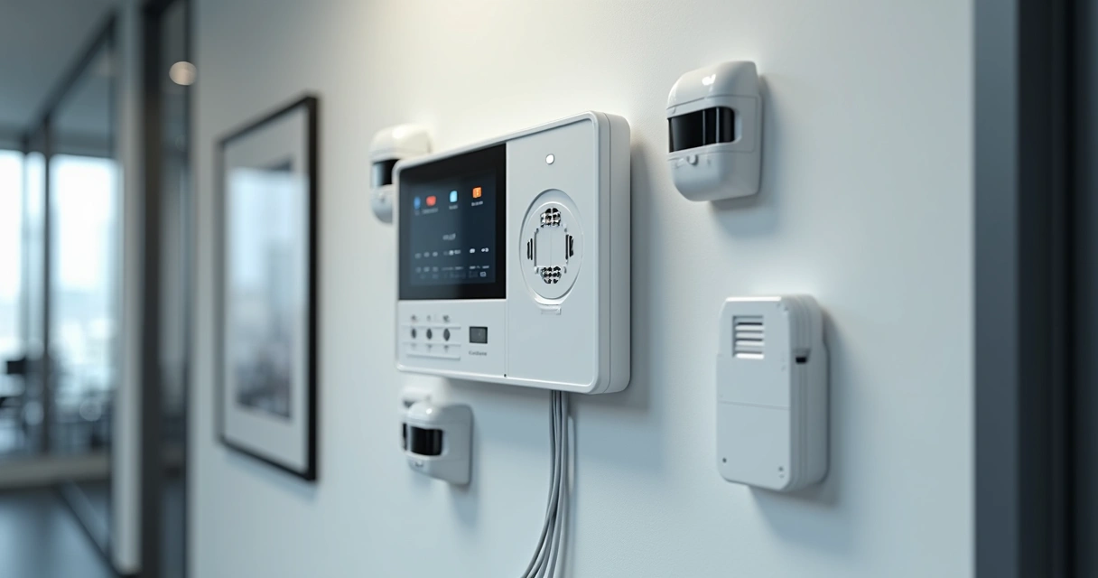 Central de alarme instalada em parede de escritório 