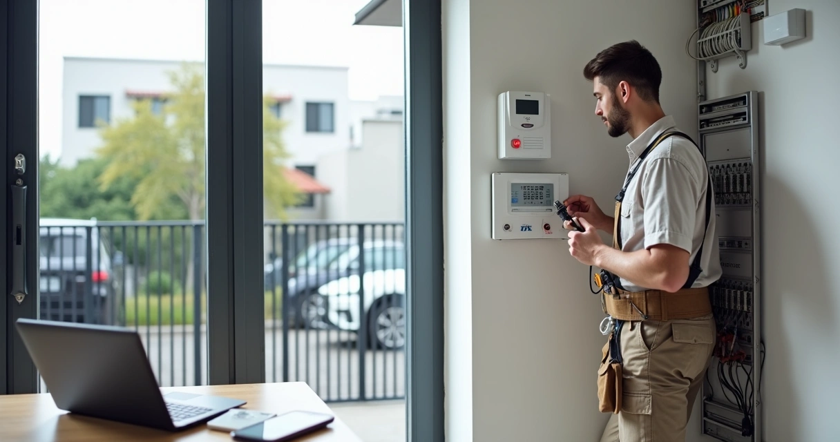 Técnico instalando central de alarme JFL em painel com sensores e câmeras 