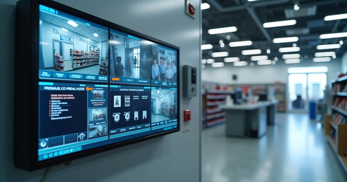 Painel de alarme comercial com sensores e monitoramento em loja 