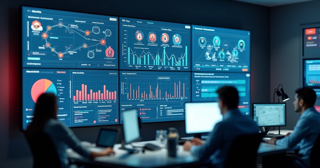 Dashboard digital de central de alarme monitorada com gráficos e conexões 