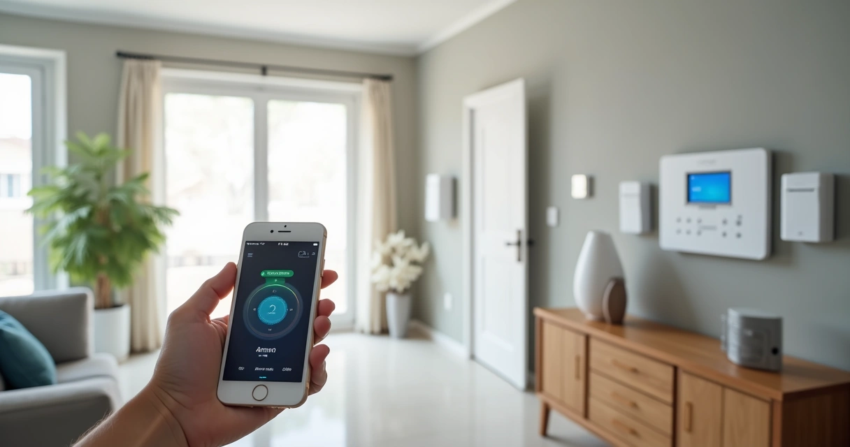 Central de alarme residencial instalada na parede com sensores e smartphone ao lado 