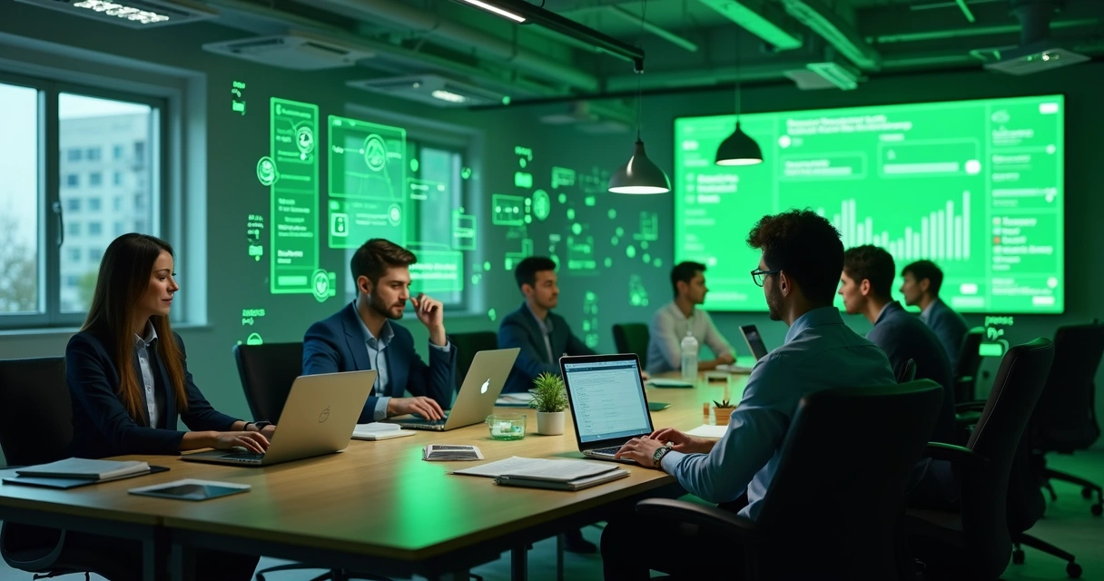 Equipe operando central de atendimento digital com computadores e WhatsApp 