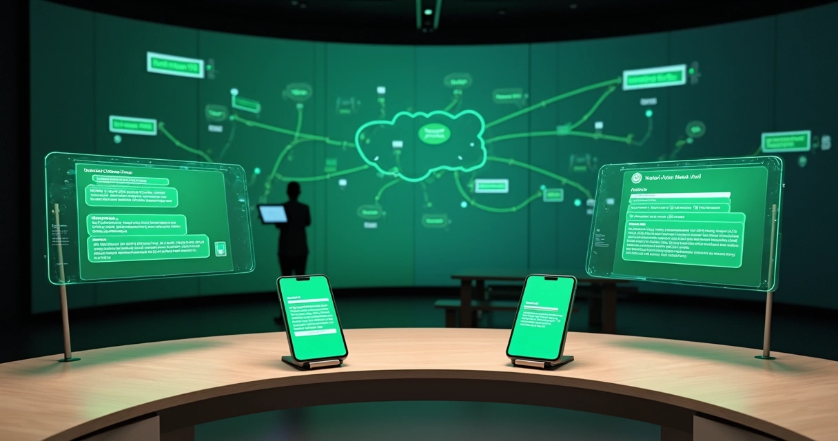 Central de atendimento automatizado com WhatsApp e painéis de IA ao fundo 