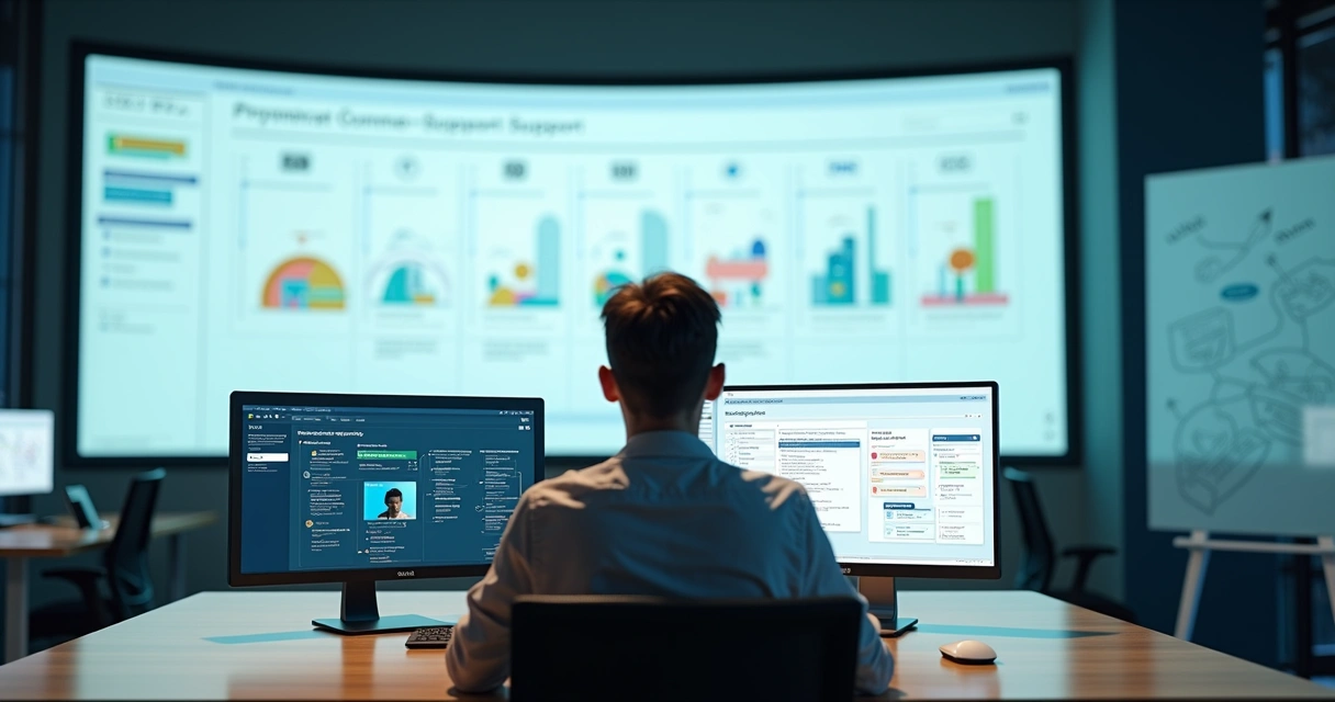 Mapa de atendimento centralizado conectando diferentes canais digitais em tela gigante 