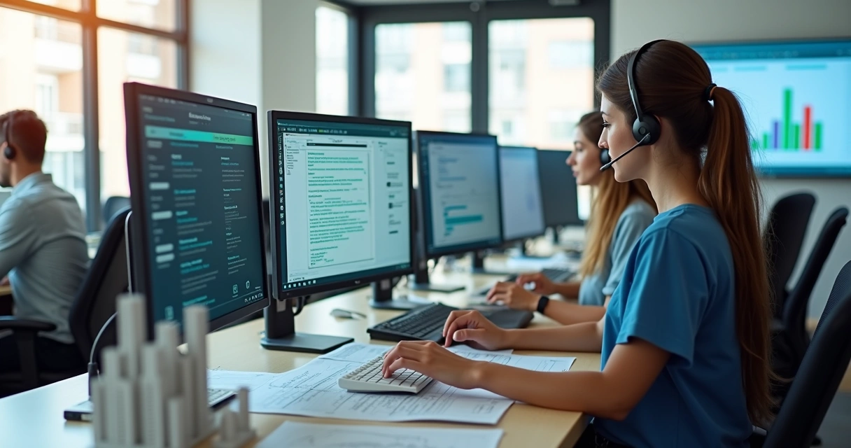 Equipe de atendimento digital com sistemas integrados em construtora