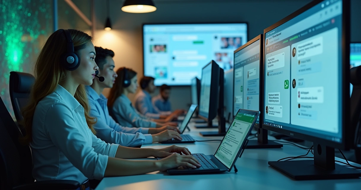 Central de atendimento digital com atendentes e telas de WhatsApp e Instagram integradas 