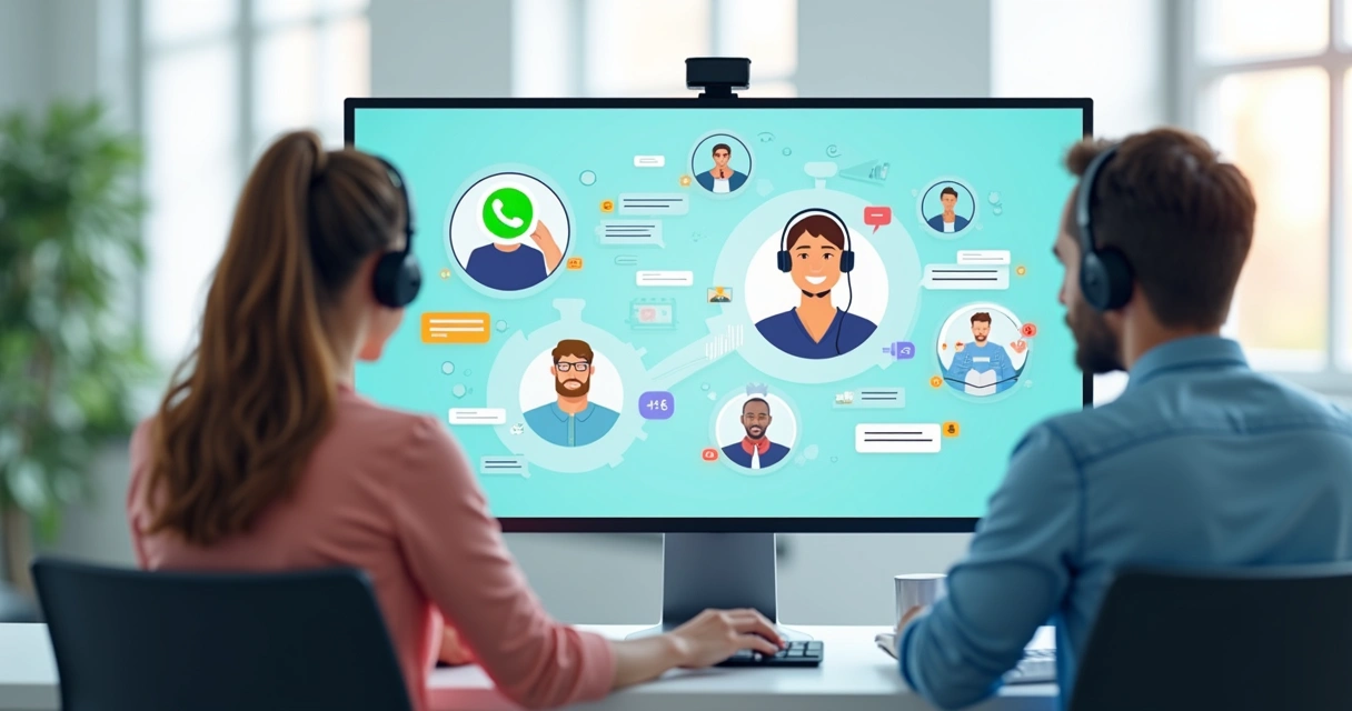 Equipe usando painel de atendimento digital integrado com múltiplos canais 