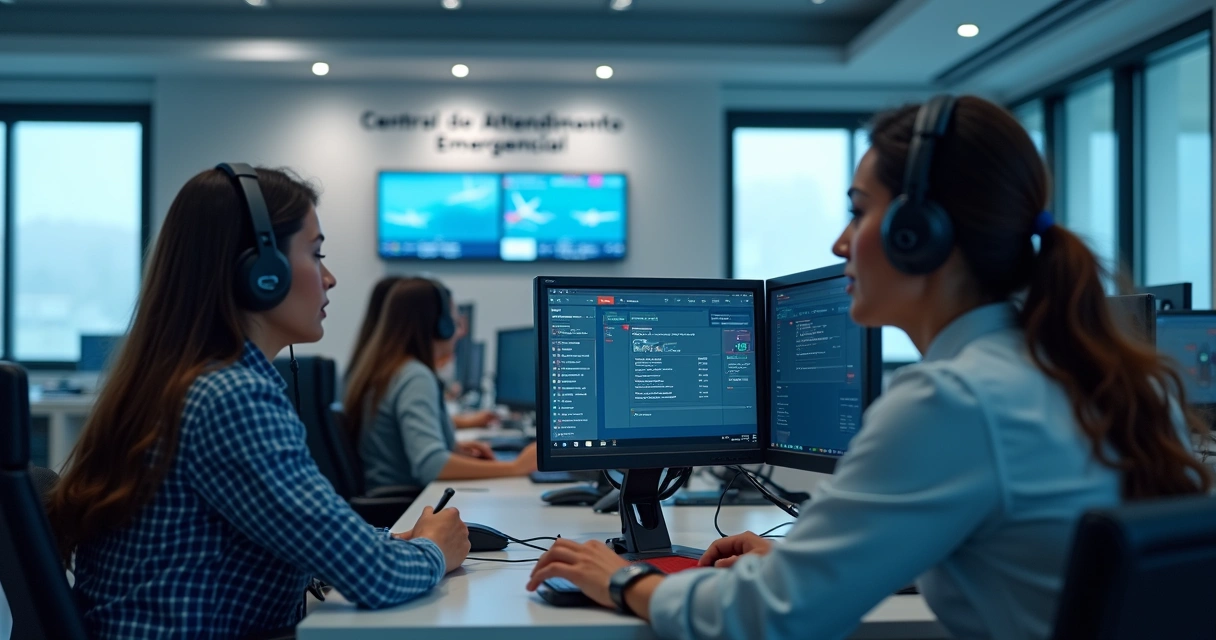 Equipe de atendimento emergencial com headsets recebendo chamadas 