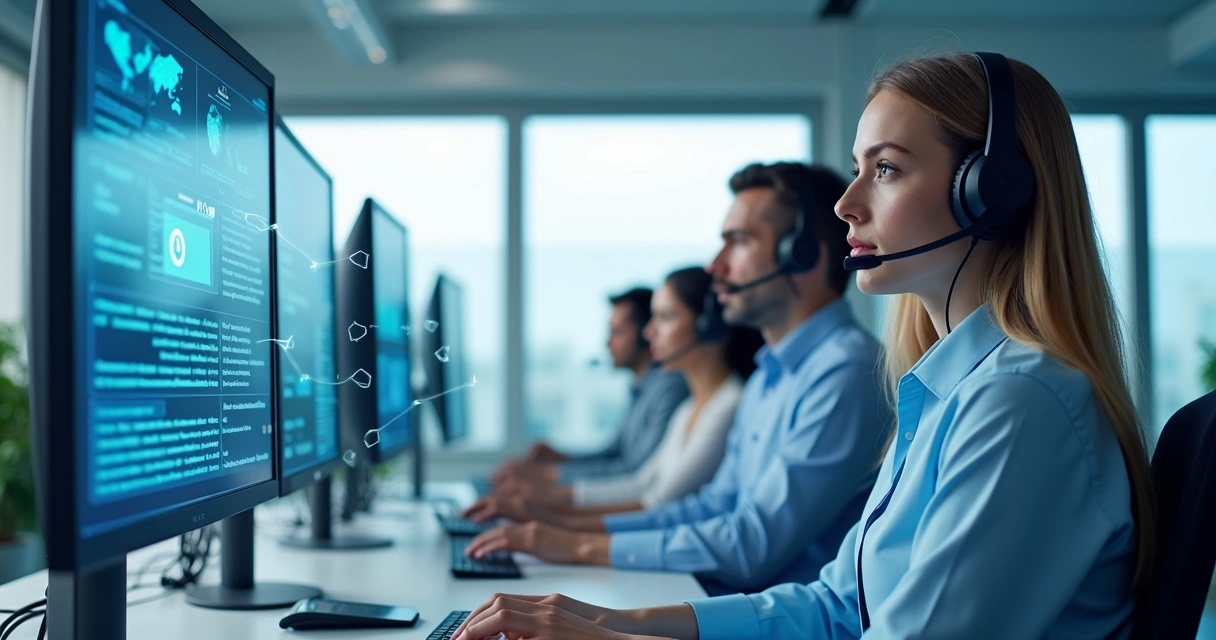 Sala de atendimento empresarial moderna com computadores e headsets 