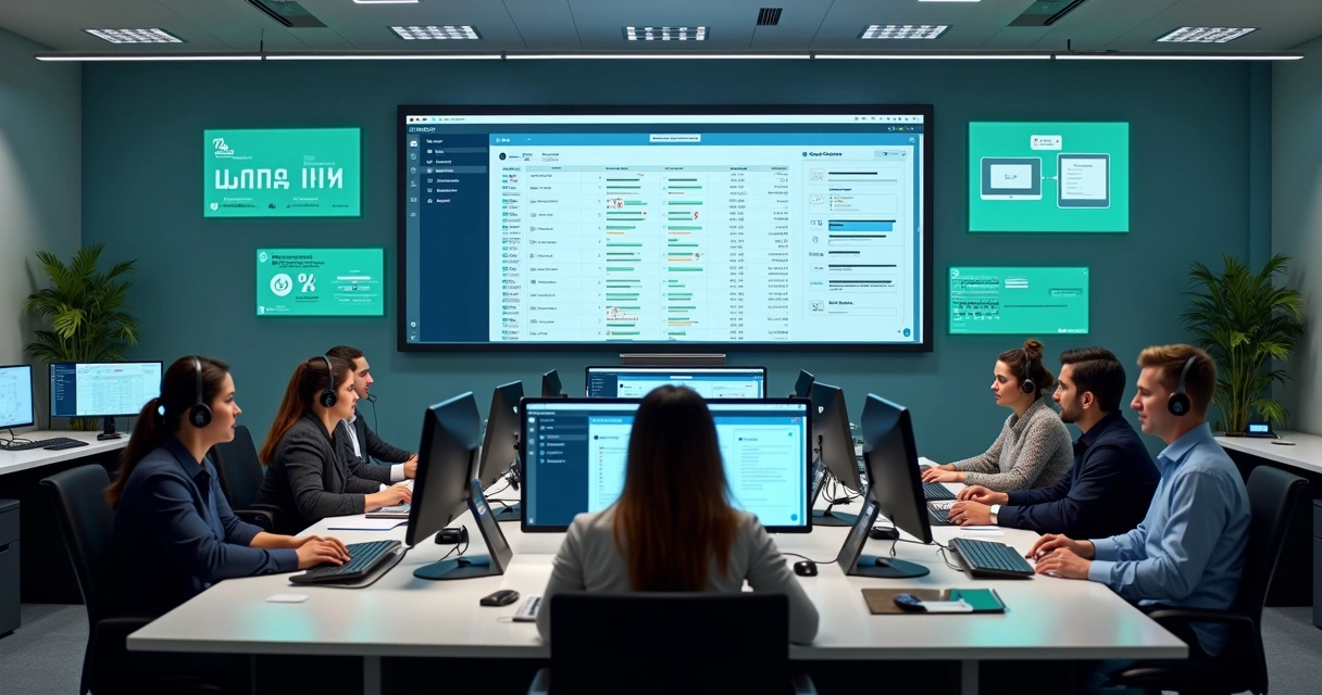 Equipe em ambiente de atendimento centralizado usando várias telas 