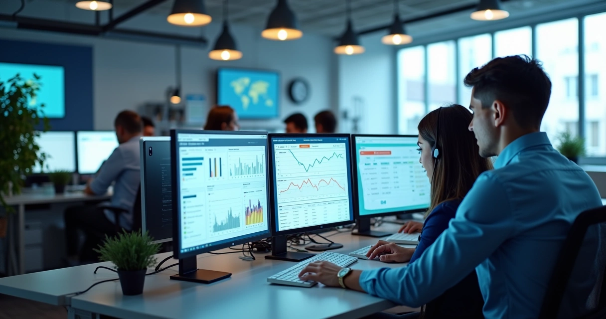 Equipe de atendimento usando sistema integrado mostrando dados do cliente na tela 