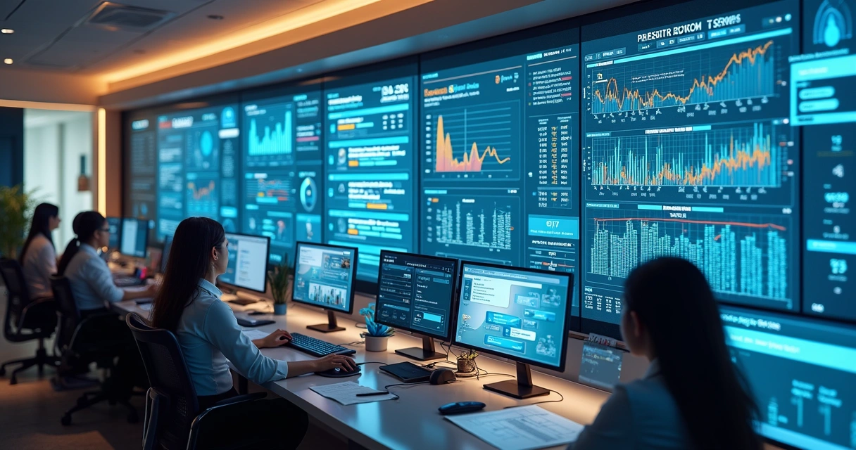 Central de atendimento de hotel com monitores mostrando dashboards e agentes IA 