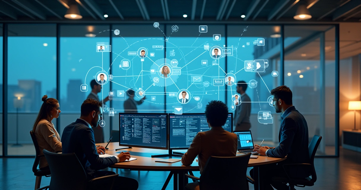 Centro de atendimento com telas exibindo IA e CRM integrados 