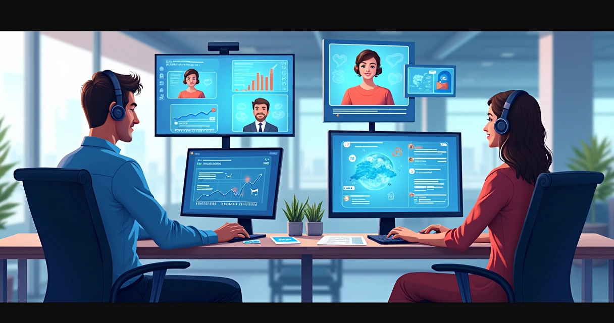 Central de atendimento integrada à IA e Salesforce, com agentes e telas de sistemas conectados 