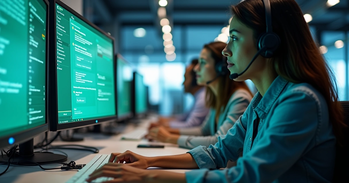 Equipe de atendimento digital trabalhando com dashboards e WhatsApp na tela 