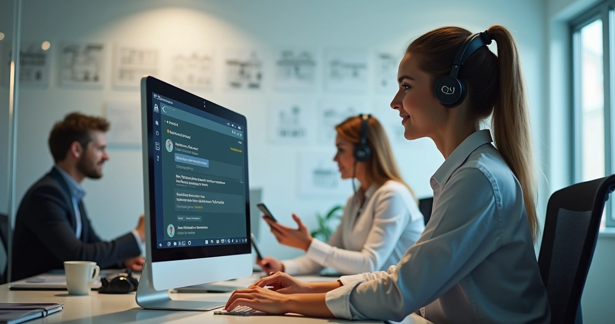 Equipe de atendimento imobiliário usando uma interface de IA assistente ao cliente 