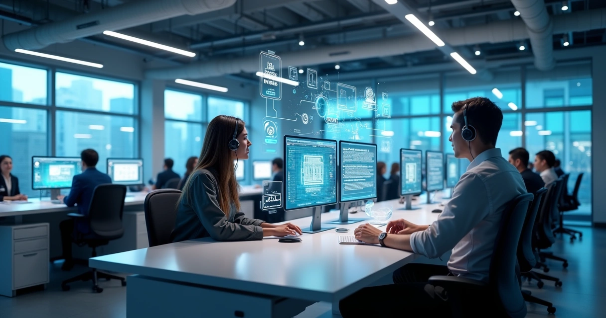 Central de atendimento digitalizada com painéis e atendentes humanos e virtuais juntos 
