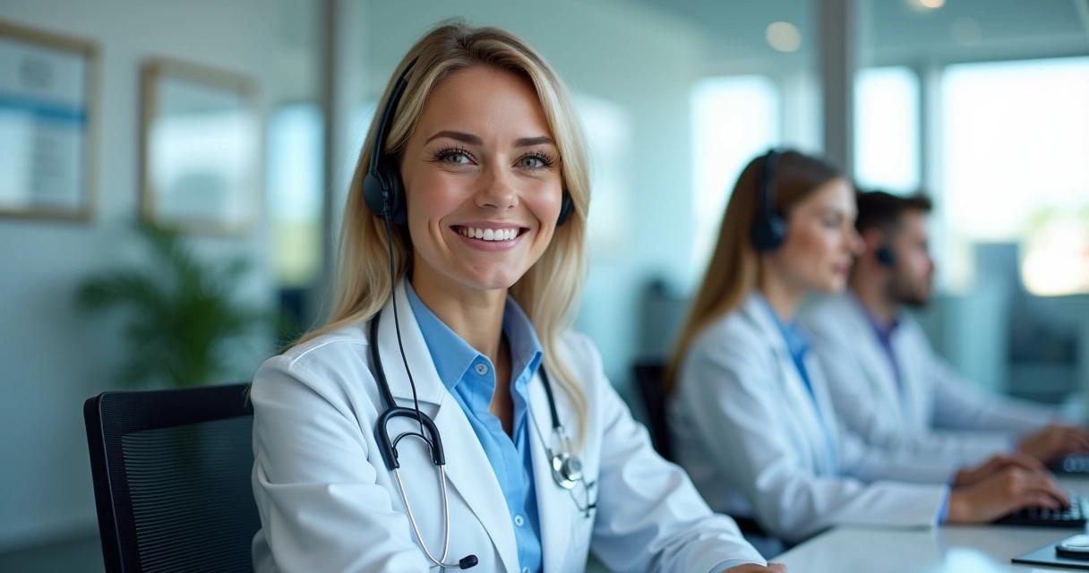 Central de atendimento médica moderna com atendentes usando headsets e computadores 