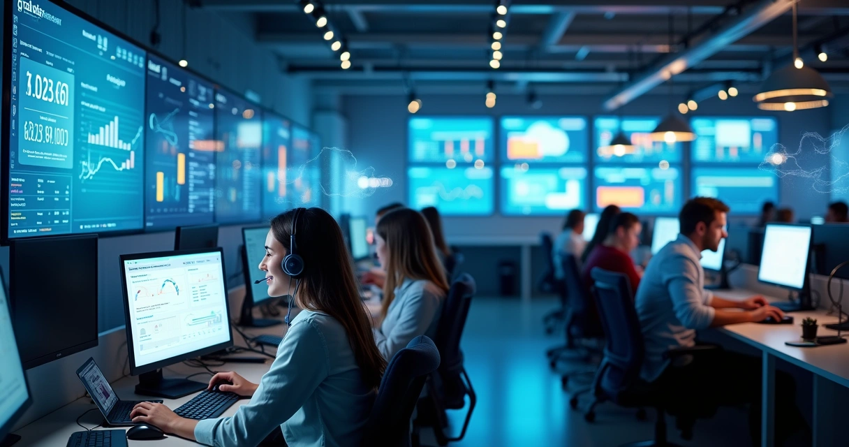 Sala de operações com agentes em computadores, diferentes telas exibindo gráficos e indicadores de atendimento