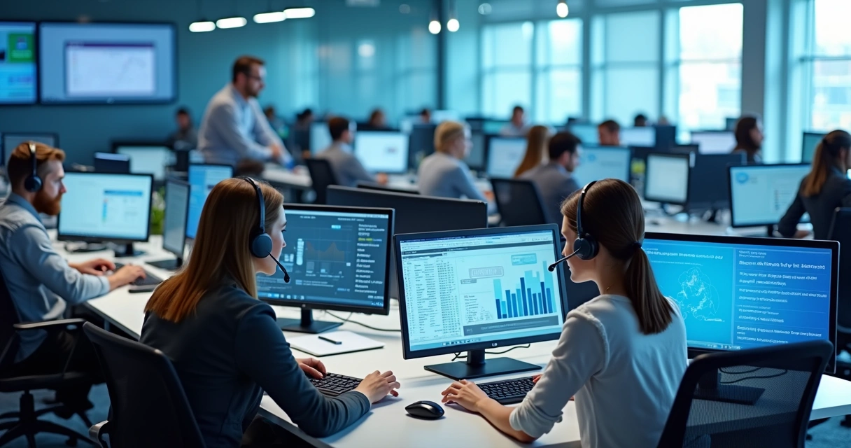 Central de atendimento corporativa com agentes, telas e fones de ouvido, vista superior