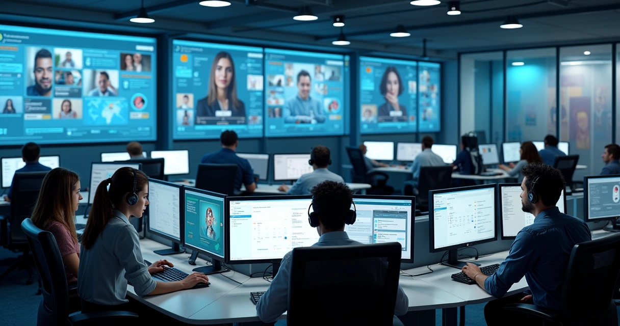 Central de atendimento integrada com múltiplos canais e equipe trabalhando 