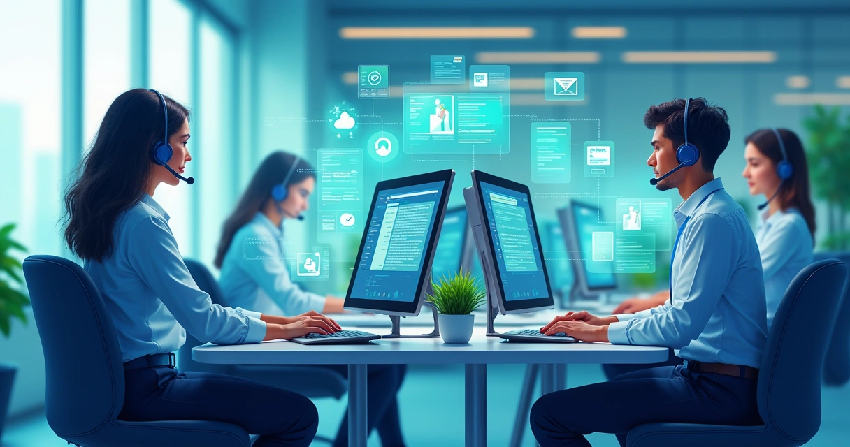 Ilustração de central de atendimento com múltiplos canais integrados 