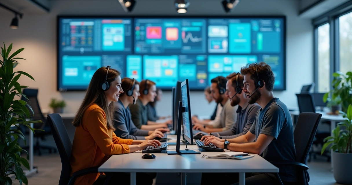Equipe de atendimento usando computadores em ambiente de SAC moderno