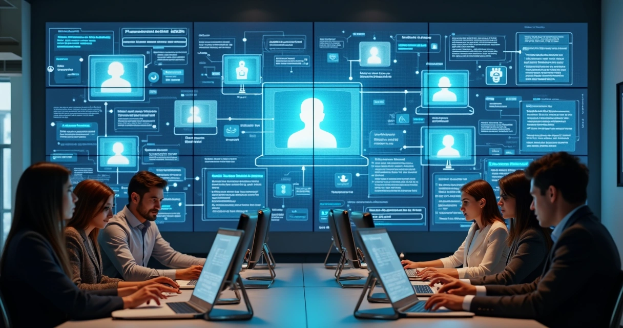 Central de atendimento digital com equipes e telas integradas 