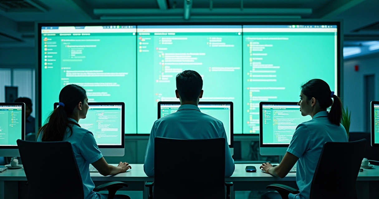 Equipe de atendimento de saúde usando painel centralizado 