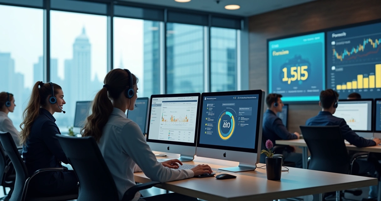 Equipe em ambiente de atendimento, utilizando computadores integrados e headsets 