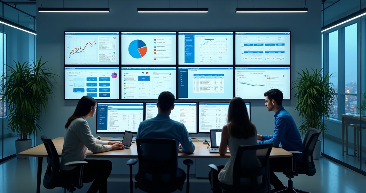 Sala de atendimento de TI com equipe e múltiplos monitores.