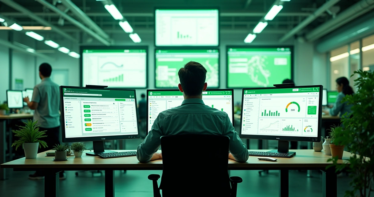 Operador de loja virtual em frente a telas com mensagens do WhatsApp 