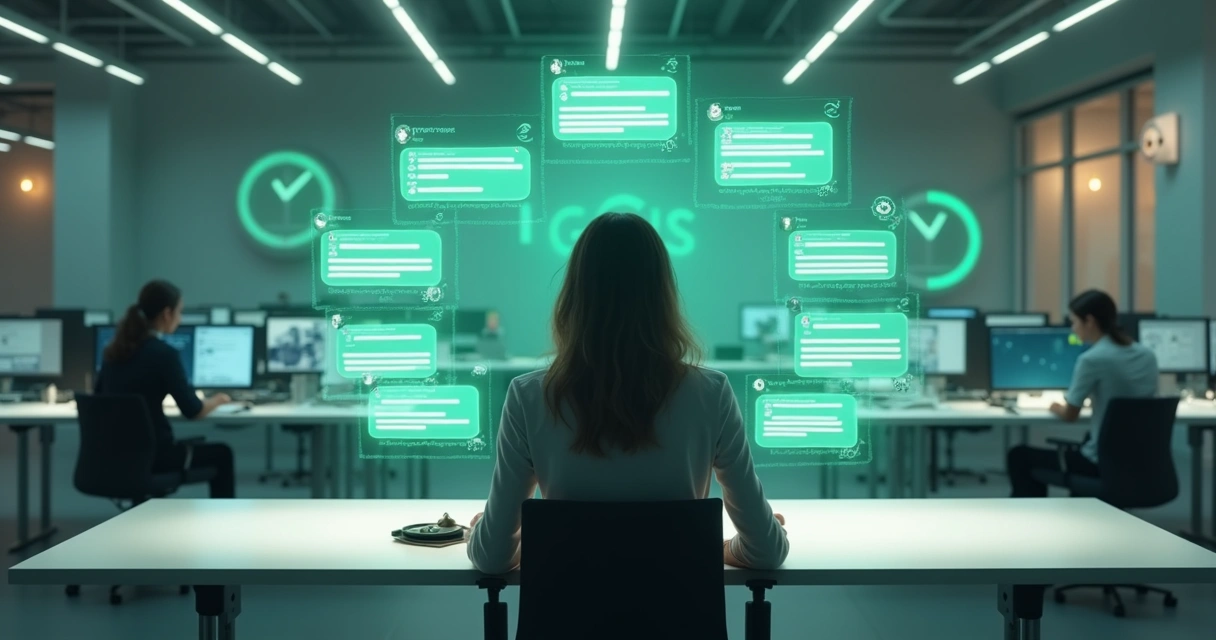 Centro de atendimento com chats do WhatsApp Business automatizados em telas flutuando 
