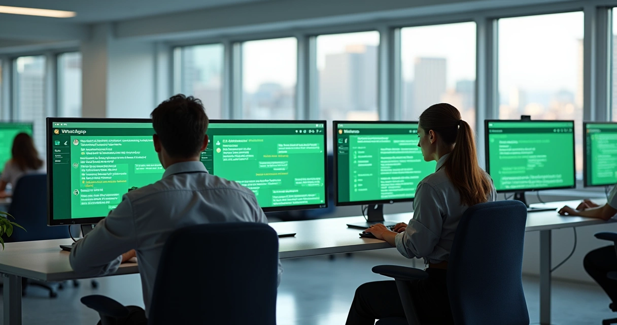 Equipe de atendimento usando WhatsApp em telas no escritório com filas de mensagens e respostas automáticas 
