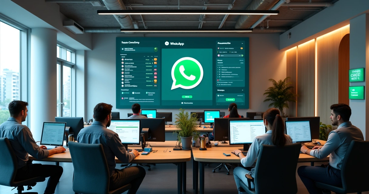 Sala de atendimento centralizada em condomínio, com computadores, telefones e telão com painel digital 