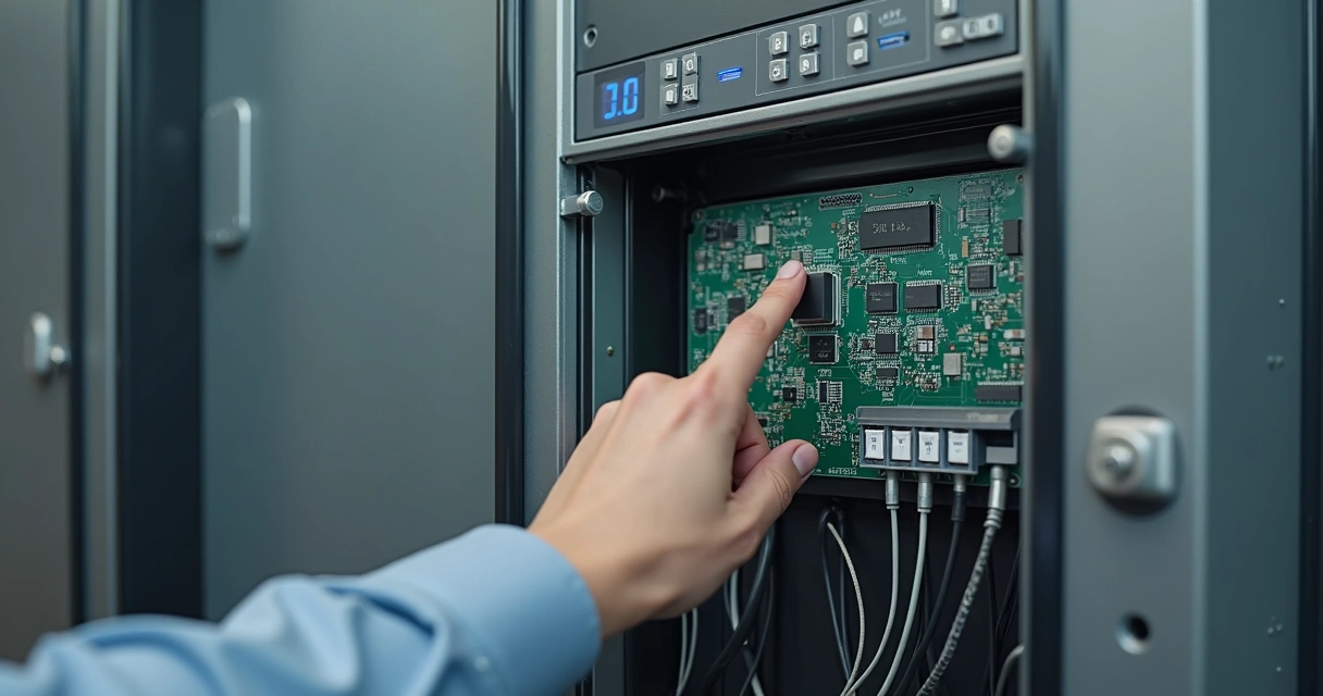 Central de portão aberta mostrando placa e botões de programação