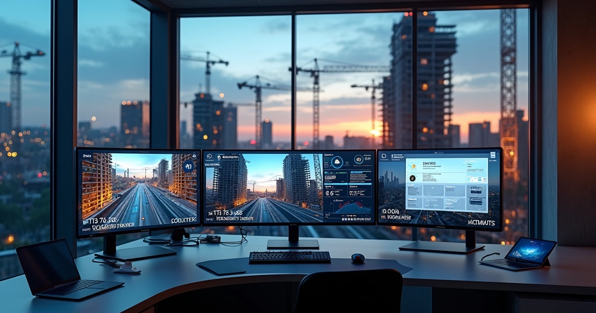 Sala de controle de obra com painel exibindo monitoramento de câmeras 4G e dados em tempo real 