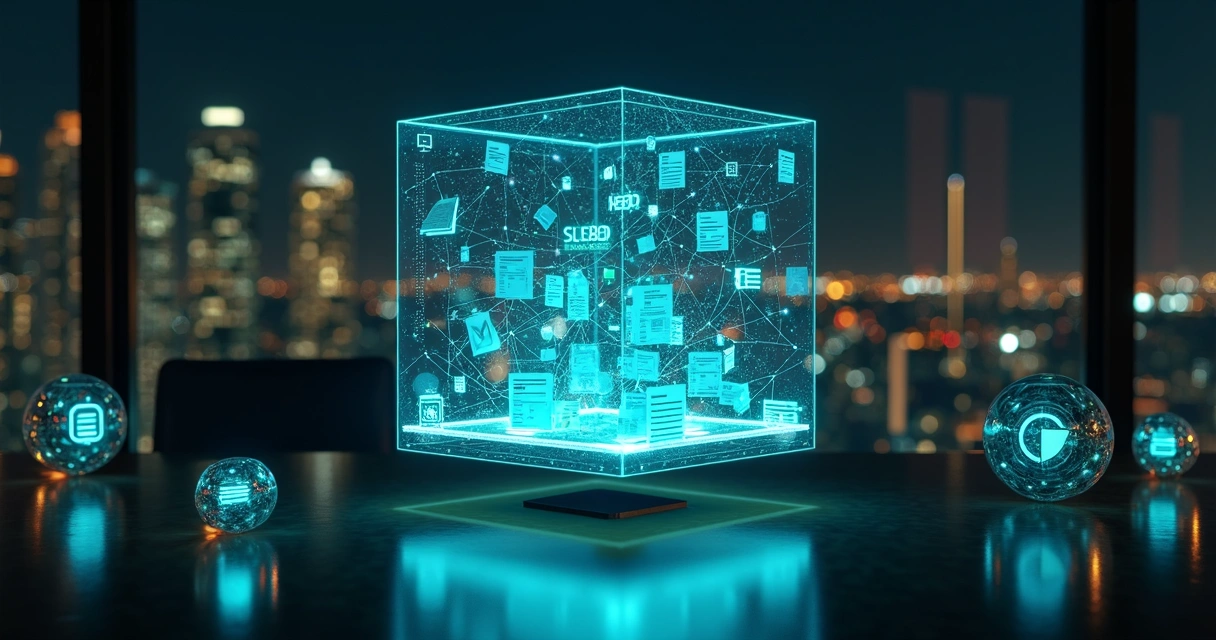 Representação futurista de central de dados fiscais com inteligência artificial 