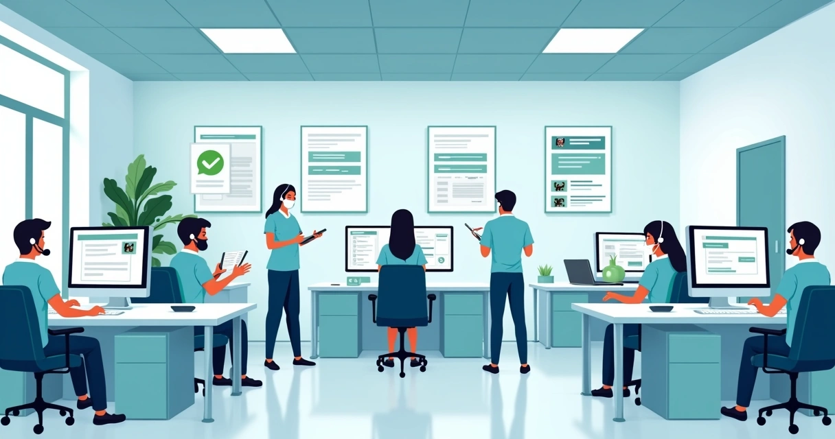 Equipe em uma central digital de atendimento para clínicas 