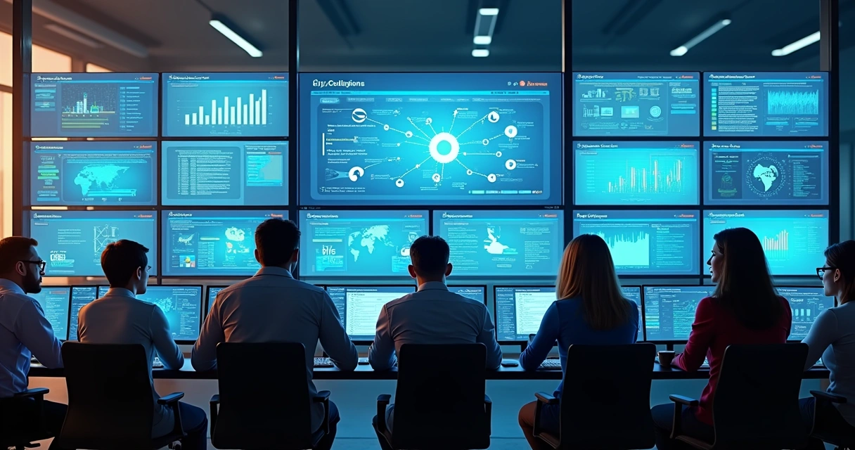 Equipe de TI reunida em sala de monitoramento, olhando para várias telas de gestão de chamados. 