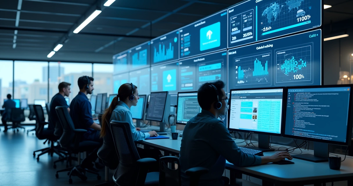 Central de atendimento empresarial usando VoIP, computadores e headsets.