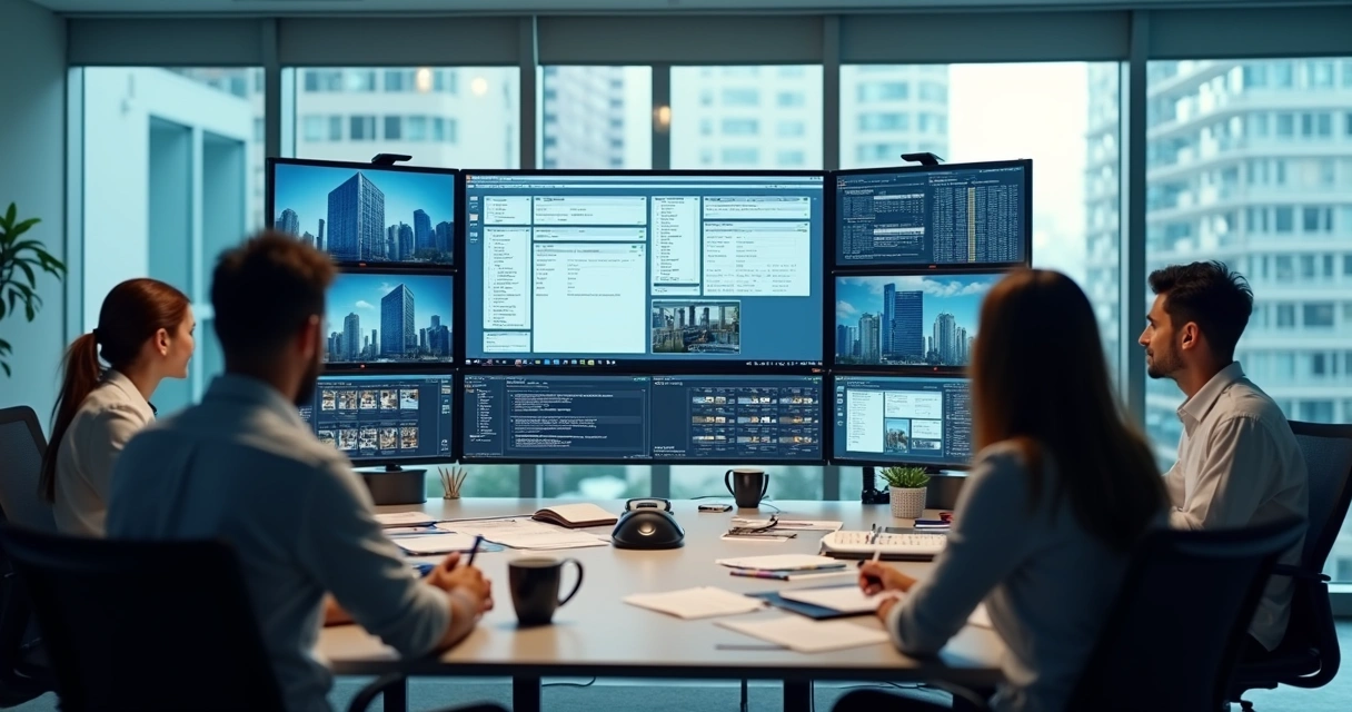 Equipe de atendimento em frente a várias telas organizando comunicações em condomínio 