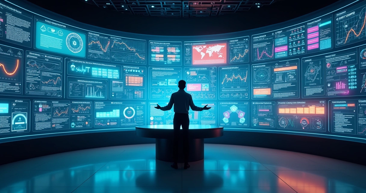 Profissional em sala escura comandando grande painel de automação de marketing 