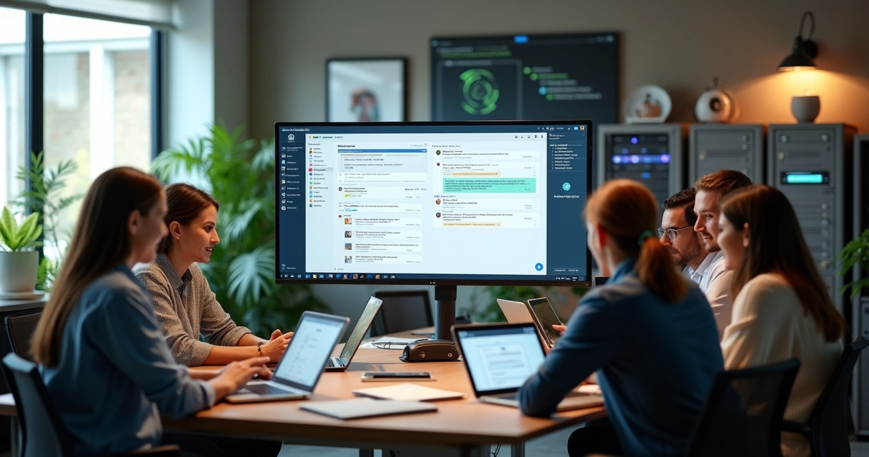 Ambiente corporativo com equipe colaborando via Mattermost em tela de computador moderno 