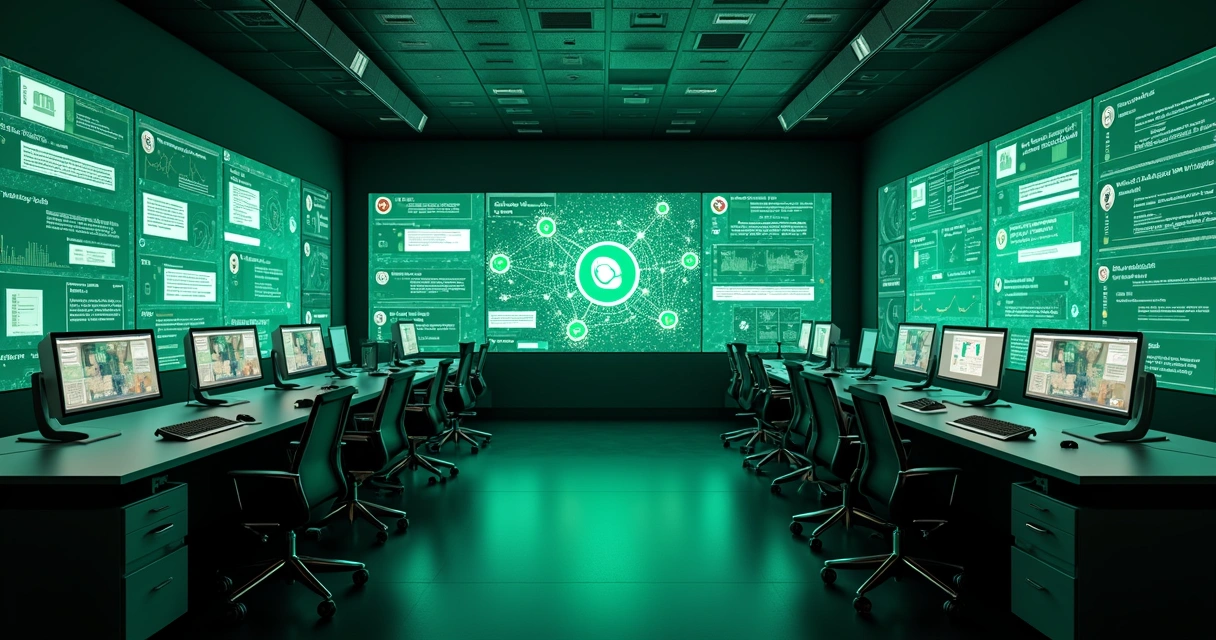 Sala de controle digital com telas exibindo conversas de WhatsApp automatizadas por IA 