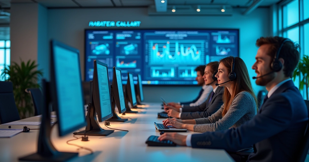 Equipe em operação de vendas telefônicas usando discadora automática 