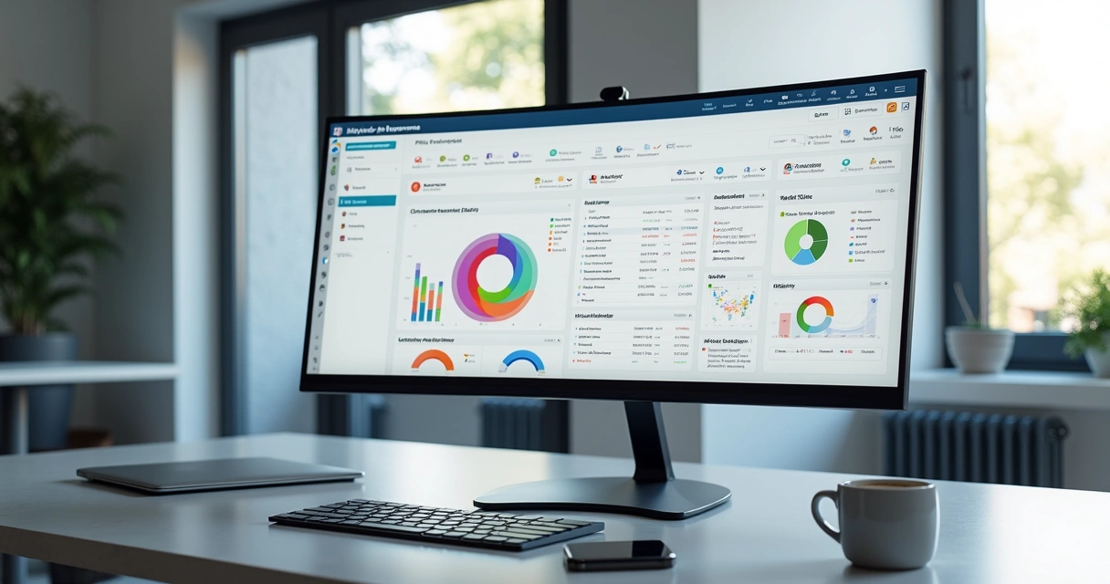 Painel digital com sistema de helpdesk exibindo tickets, gráficos e integrações em tela de computador 