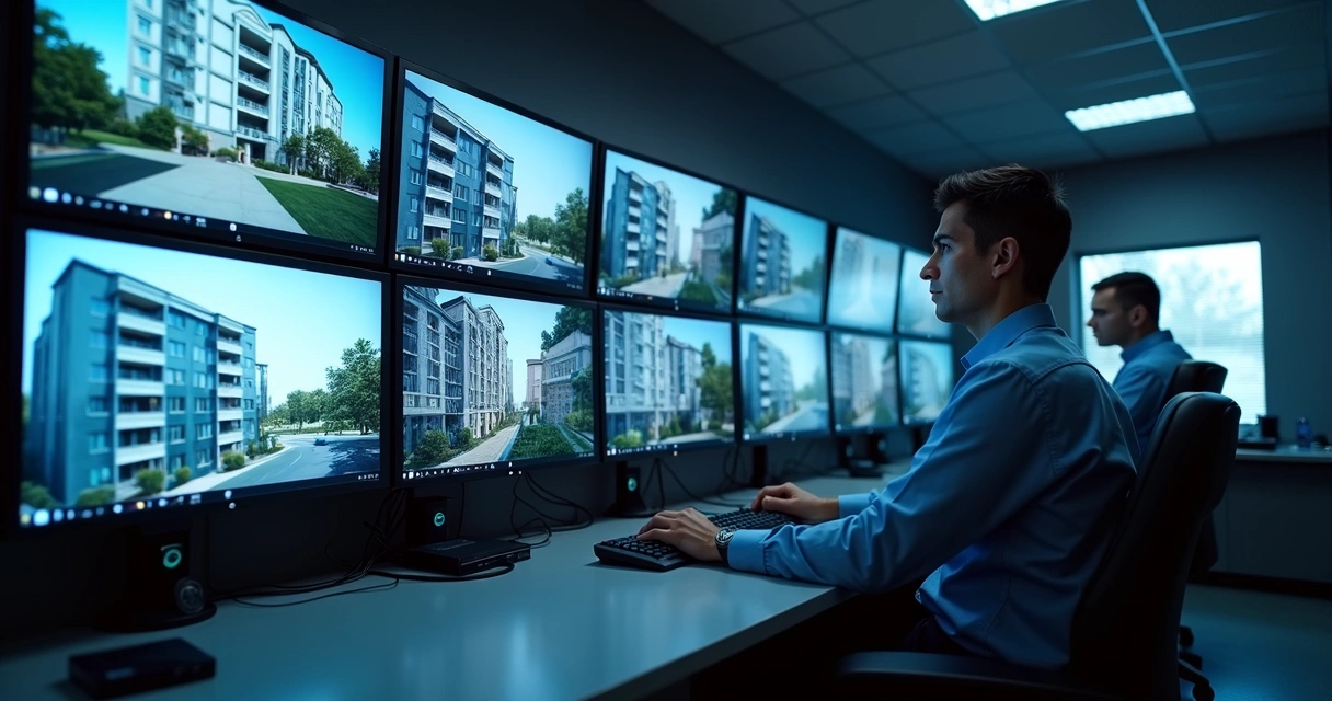 Tela de monitoramento com câmeras e alertas de alarme 