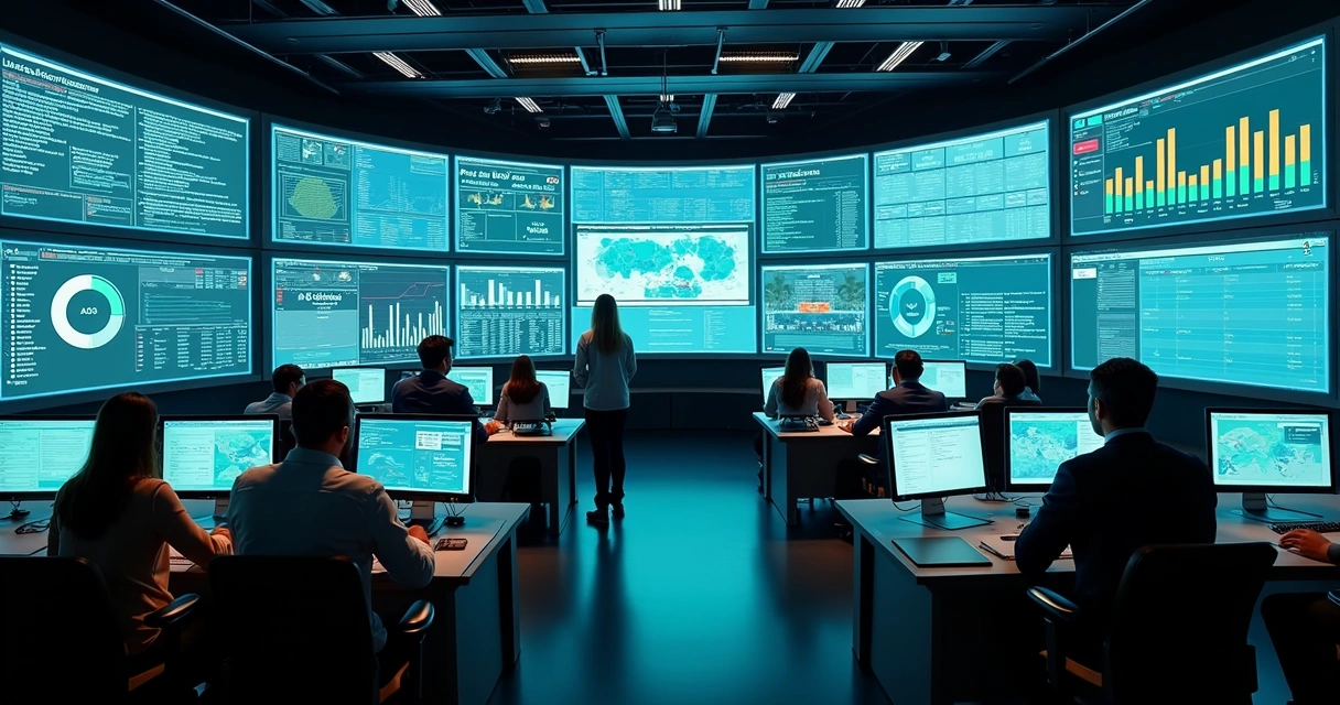 Sala de controle com vários painéis de monitoramento digital de SLAs 