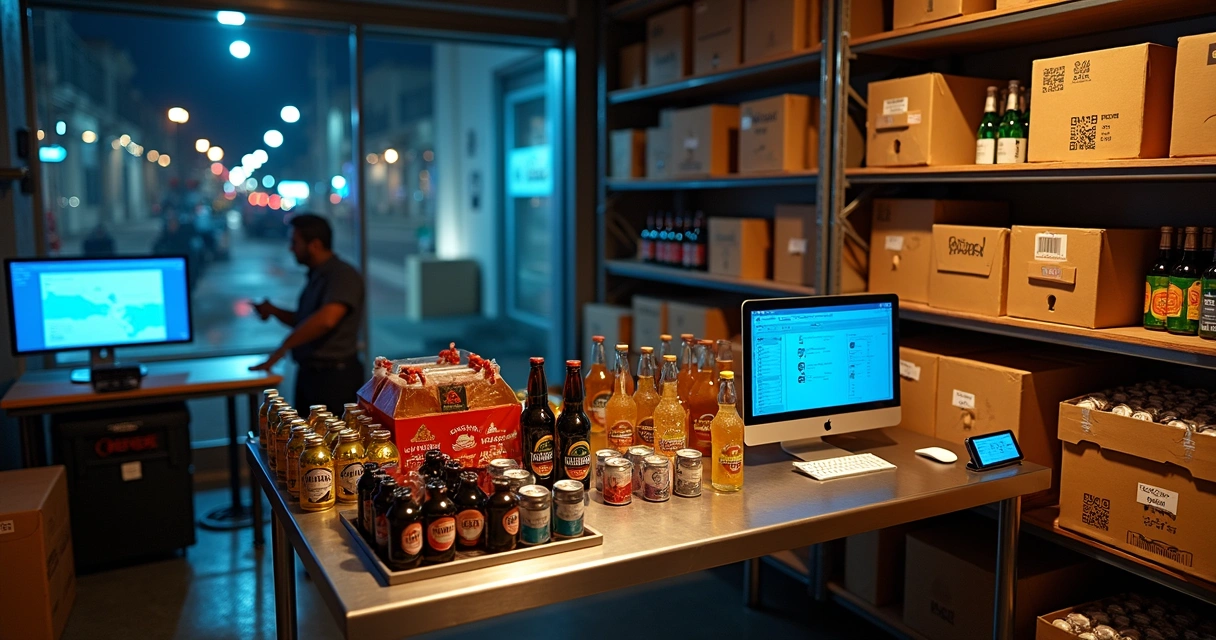 Central de delivery organizada com bebidas prontas para envio à noite 